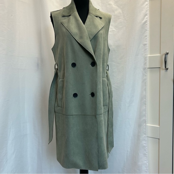Zara belted faux suede sleeveless double breasted vest jacket dusty green XS - Picture 8 of 15